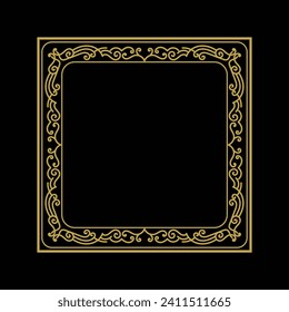 Golden Vintage Square Royal Border Frame with Ornaments on Black Dark Background