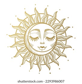 Golden vintage sun and moon, logo for astrology, zodiac, tarot, divination, horoscope. Mystical mythological design element for a witch. Vector illustration isolated on white background.