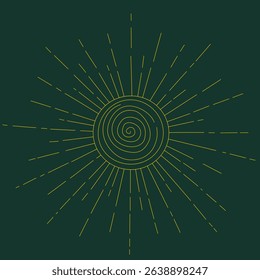 Golden Vintage Sunburst Design Vector Template. Hand drawn sun, light rays. Logotype. Dark malachite background.