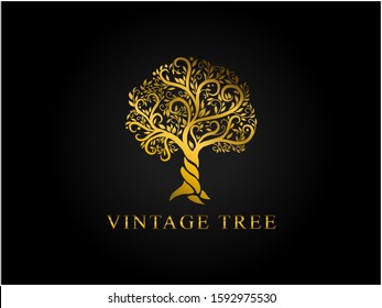 Golden vintage Tree logo, Luxury Tree logo vector illustration. Royal Logo design with vintage style.