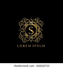 Golden vintage vector logo frame design. Letter S monogram