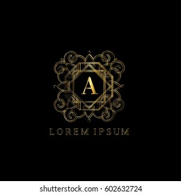 Golden vintage vector logo frame design. Letter A monogram