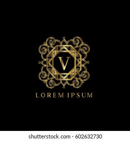 Golden vintage vector logo frame design. Letter V monogram
