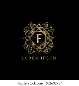 Golden vintage vector logo frame design. Letter F monogram