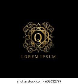 Golden vintage vector logo frame design. Letter Q monogram