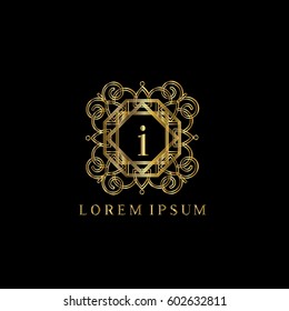 Golden vintage vector logo frame design. Letter i monogram