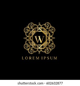 Golden vintage vector logo frame design. Letter W monogram