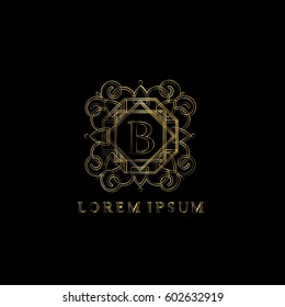 Golden vintage vector logo frame design. Letter B monogram