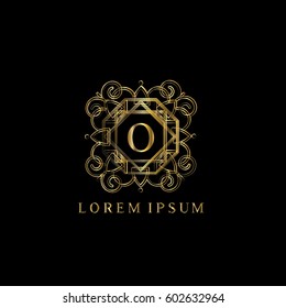 Golden vintage vector logo frame design. Letter O monogram