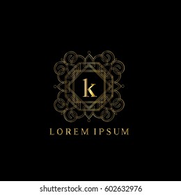 Golden vintage vector logo frame design. Letter k monogram