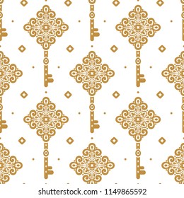 Golden vintage vector seamless pattern with keys, wallpaper. Elegant classic texture. Luxury ornament. Traditional,Turkish, Indian motifs. Great for fabric and textile, wallpaper, packaging.