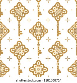 Golden vintage vector seamless pattern with keys, wallpaper. Elegant classic texture. Luxury ornament. Traditional,Turkish, Indian motifs. Great for fabric and textile, wallpaper, packaging.