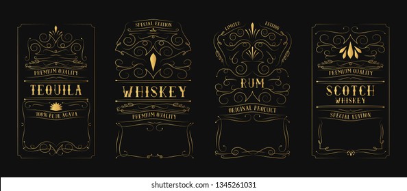 Golden vintage whiskey, rum, tequila, scotch label for bottle with lettering. Hand drawn alcohol frame. Gold typography border. 