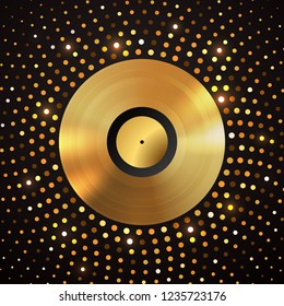 Golden vinyl disc on abstract gold halftone circle background. Music disco party shiny luxury banner.