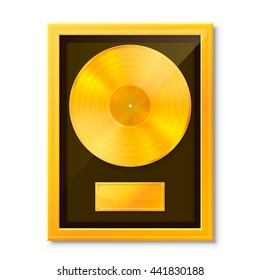 Golden vinyl in frame on wall, Collection disc, template design element, Vector illustration