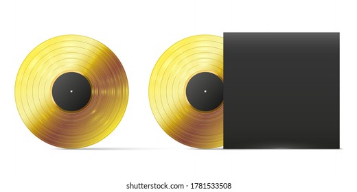 Golden vinyl record. Realistic gold vinyl disc, successful audio record musical album award template, vector illustration. Black cover for plate. Gramophone shiny play disc for music