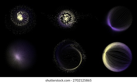 Golden violet data swirl sphere with particle trajectories on dark background. Concept of AI visualization, information mapping, and generative art for technology presentations.