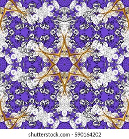 Golden violet floral ornament in baroque style. Golden element on violet background. Antique golden repeatable wallpaper. Damask seamless pattern repeating background.