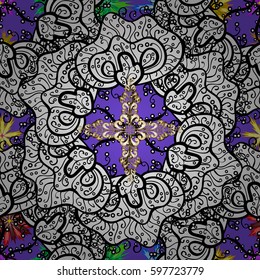 Golden violet floral ornament in baroque style. Antique golden repeatable wallpaper.Golden element on violet background. Damask pattern repeating background.