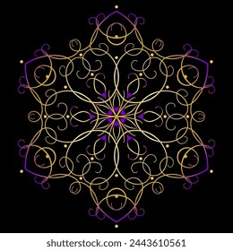 Golden violet mandala with six beams on black background. Spectacular, sophisticated pattern of curved lines. Decorative lace pattern vector illustration. Floral Indian ornaments for print.