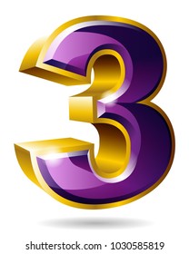 Golden and violet number character 3 isolated on white background. Vector illustration.