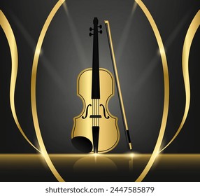 Golden violin with bright luxury abstract background and light rays. Vector illustration