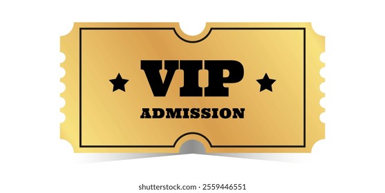 Golden VIP admission template design. Cinema, theater, casino, concert, film, party, festival gold ticket. Metal gradient coupon. Vector illustration on white background