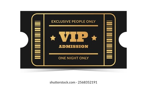 Golden VIP admission template design. Cinema, theater, casino, concert, film, party, festival gold ticket. Metal gradient text, barcode, stars. Vector illustration on white background