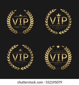 Golden VIP badges. Laurel wreath set, glory luxury glamour symbols