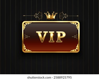 Golden VIP card with crown and decorations on an elegant dark striped background representing exclusivity, privilege, and access to premium services or experiences