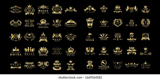 Golden Vip And Hotel Luxury Logo Set - Isolated On Black Background, Vector. Icons Collection Of Golden Vip Logo, Hotel Emblem And Label. Useful For Badge, Seal And Design Template. Luxury Logo Vector