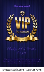 Golden VIP invitation template - type design with diamond and laurel wreath on blue curtain background. Vector illustration
