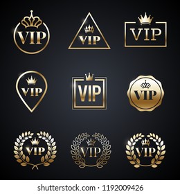 Golden VIP label set isolated on dark background. Symbol of exclusivity. Vip icons with crown, frame and laurel wreath. Luxury premium badge. Decoration elements for your design. Vector eps 10.