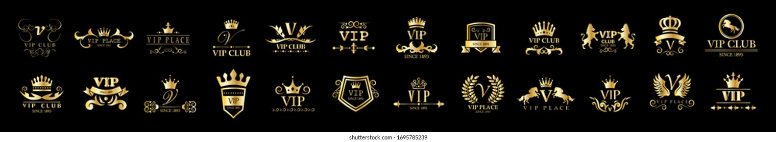 Golden Vip Logo Set - Isolated On Black Background, Vector Illustration. Icons Collection Of Golden Vip Logo, Gold Emblem And Label. Useful For Badge, Seal And Design Template. Luxury Logo Vector