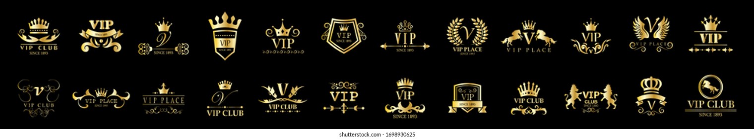 Golden Vip Logo Set - Isolated On Black Background, Vector Illustration. Icons Collection Of Golden Vip Logo, Gold Emblem And Label. Useful For Badge, Seal And Design Template. Luxury Logo Vector