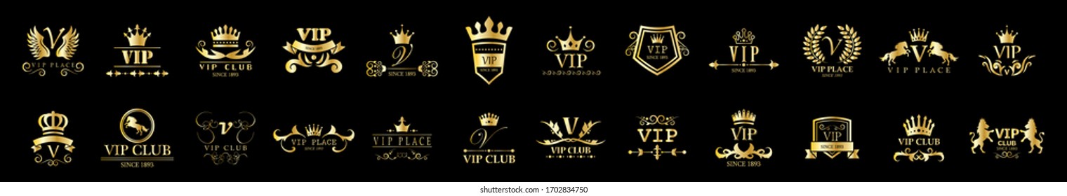 Golden Vip Logo Set - Isolated On Black Background, Vector Illustration.  