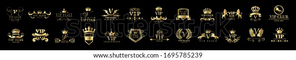 Golden Vip Logo Set - Isolated On Black
Background, Vector Illustration. Icons Collection Of Golden Vip
Logo, Gold Emblem And Label. Useful For Badge, Seal And Design
Template. Luxury Logo
Vector
