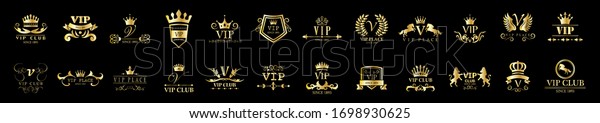 Golden Vip Logo Set - Isolated On Black\
Background, Vector Illustration. Icons Collection Of Golden Vip\
Logo, Gold Emblem And Label. Useful For Badge, Seal And Design\
Template. Luxury Logo\
Vector