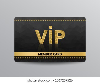 Golden VIP member card template with glittering VIP icon and rivets on black polygonal background.