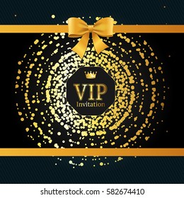 Golden Vip Round Sphere Dotted Background Can Be Used for Card and Invitation with Ribbon and Bow. Vector illustration