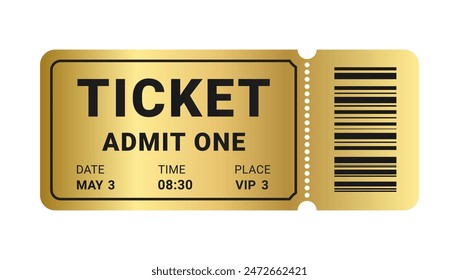 Golden VIP ticket or pass isolated on white background