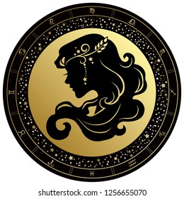 Golden Virgo horoscope symbol. Vector Zodiac sign.