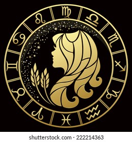 Golden Virgo zodiac sign. Vector Illustration 