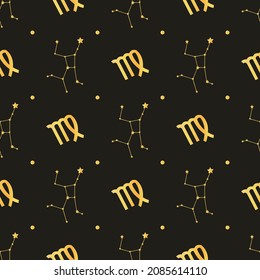 Golden Virgo zodiac star seamless pattern. Repeating Virgo sign with stars design for textile, wallpaper, fabric, decor. Golden space background