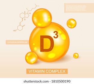 Golden Vitamin D3 complex and molecular diagram in a nutritional, medical and dietary concept, colored vector illustration