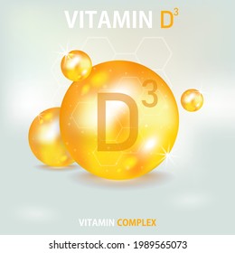 Golden vitamin d3 on gold background. Vector concept. Vitamin drop pill capsule. Vector illustration design. 