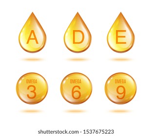 Golden vitamin oil drop set - isolated gold yellow drops and sphere capsules of vitamins A, D, E and Omega 3 6 9 isolated on white background. Realistic vector illustration.