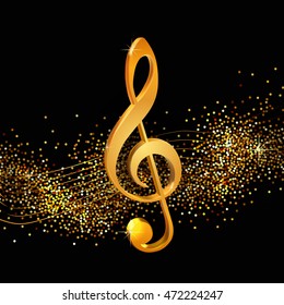 Golden volume treble clef on shiny background, beautiful illustration for your design on musical theme