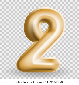 Golden Volumetric 3D Text Balloons Lettering 2 on Transparent Background. Vector Illustration.