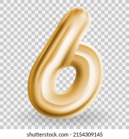 Golden Volumetric 3D Text Balloons Lettering 6 on Transparent Background. Vector Illustration. 